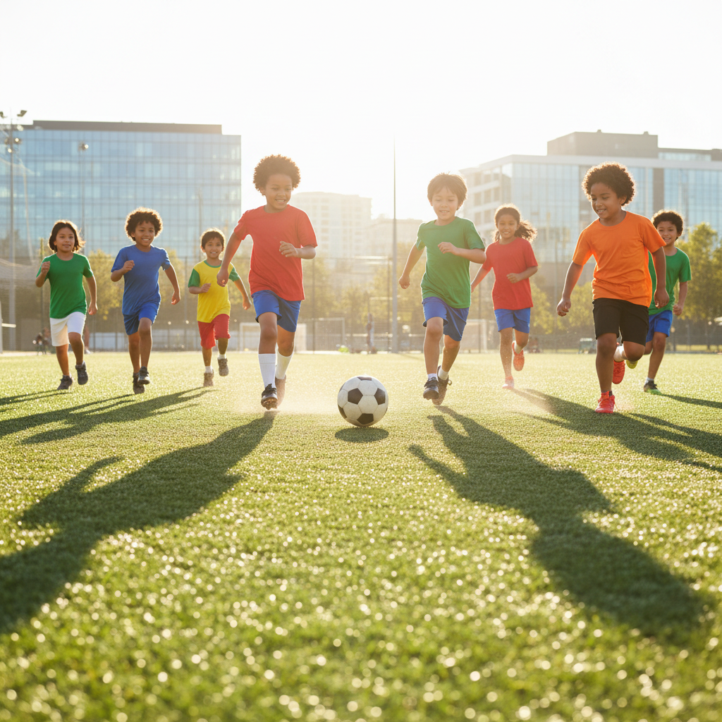 Children playing football on a sunny summer astroturf pitch during a holiday camp