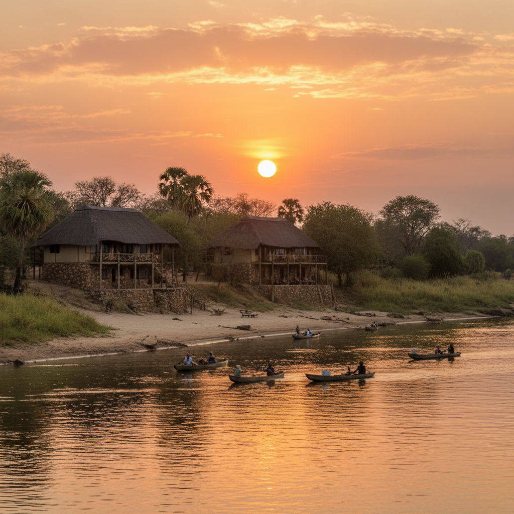 Luxury safari lodge with thatched roof overlooking Zimbabwe savanna at sunset
