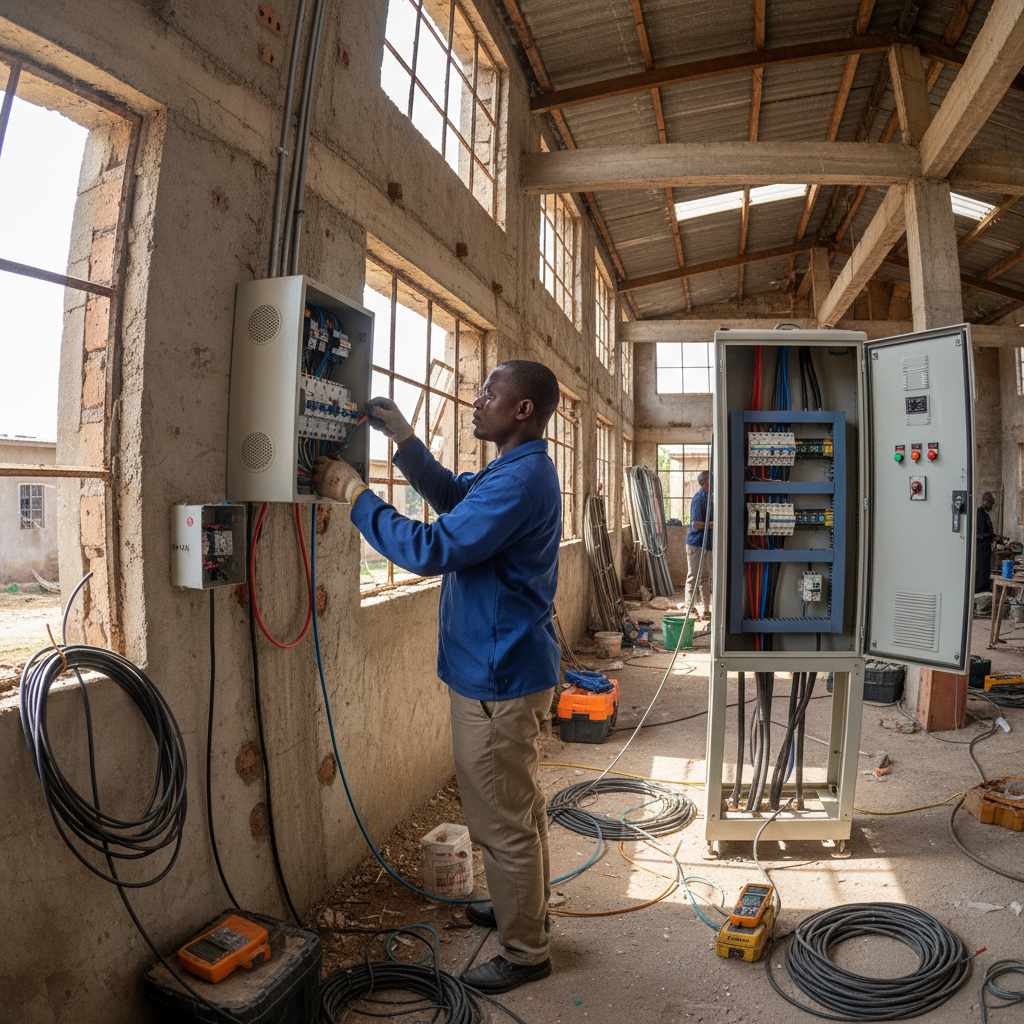 Electrician working on electrical panel in commercial building, bright industrial lighting, steel equipment