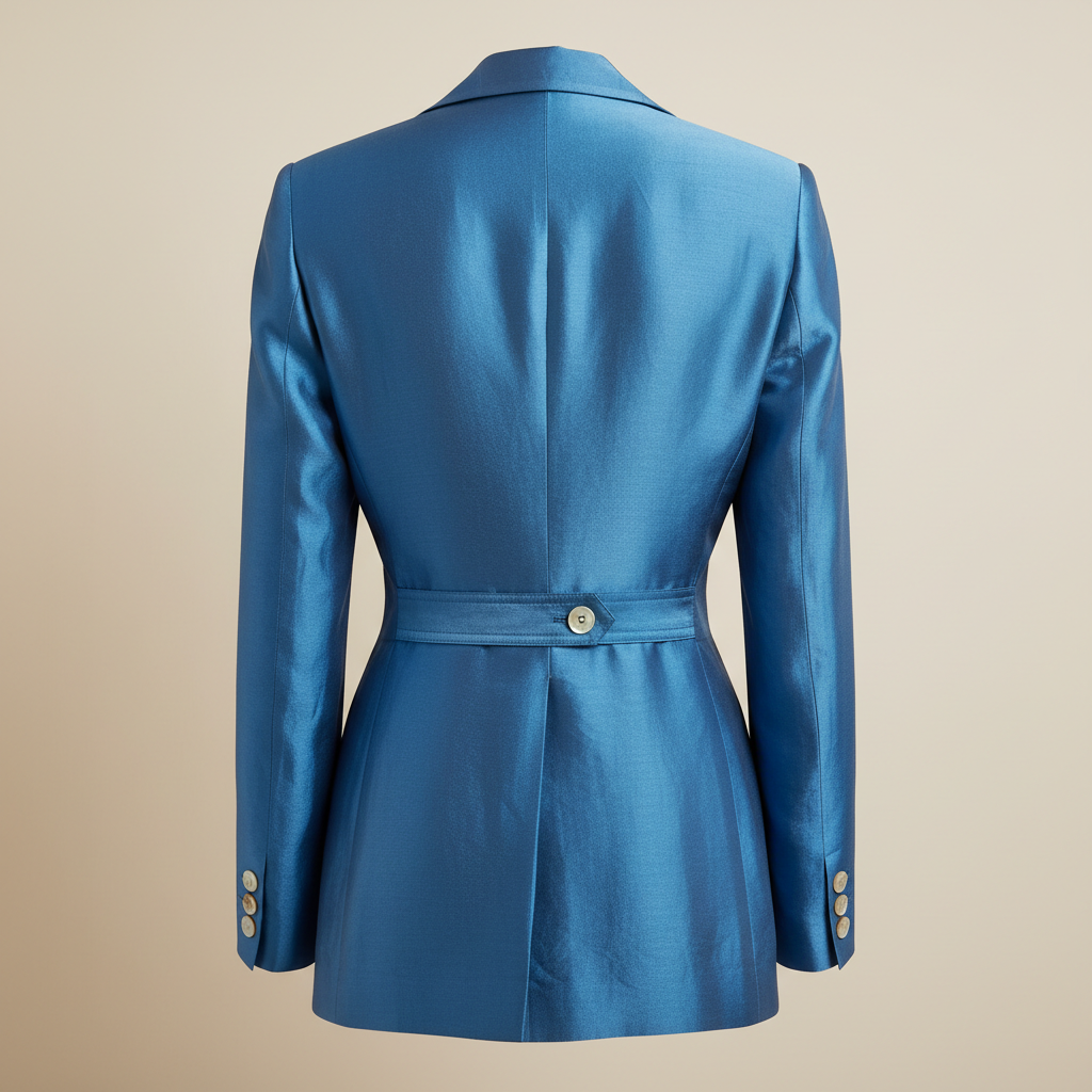 Blazer side profile view, close-up fabric texture, neutral background