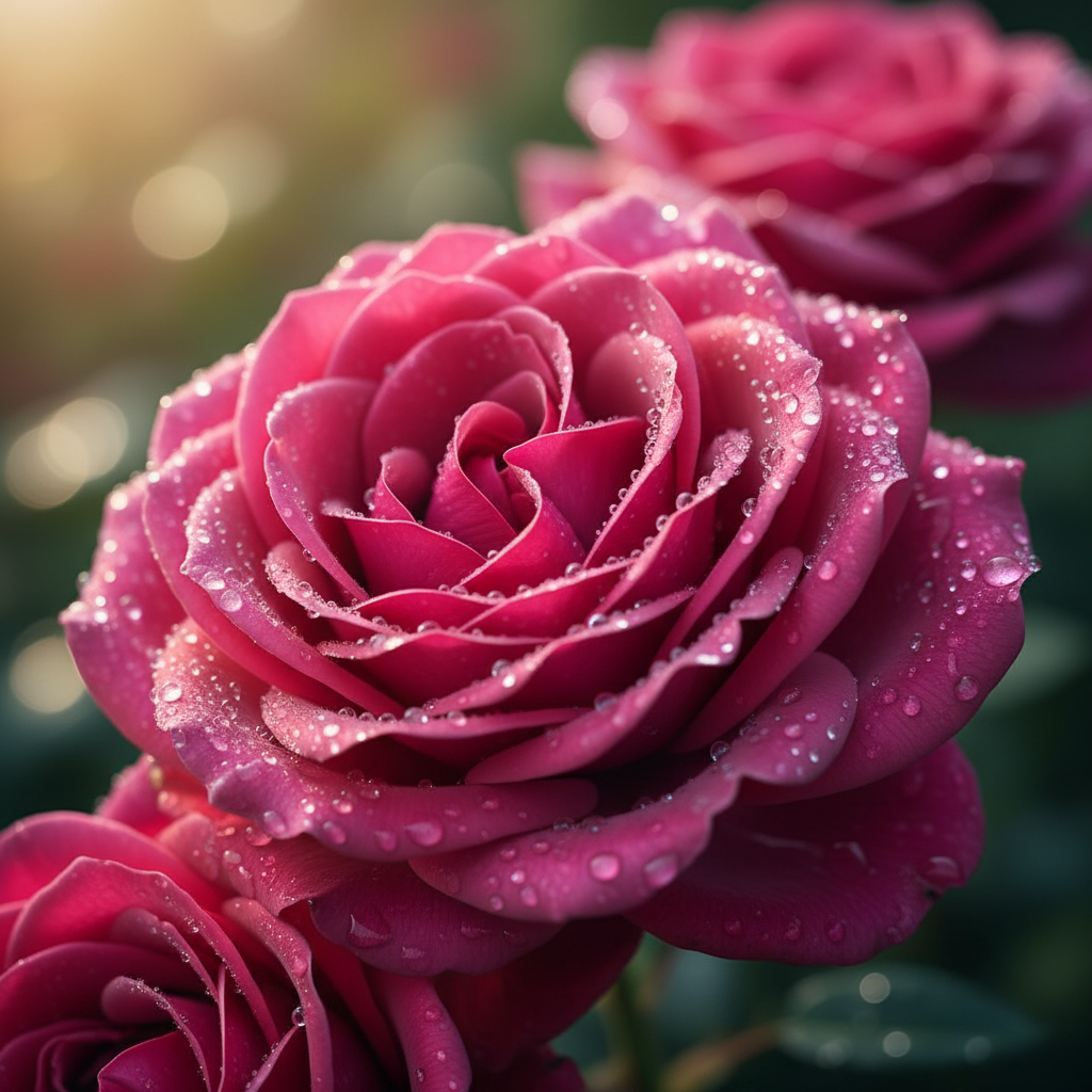 Bulgarian rose flowers in full bloom in a sunlit field, deep pink petals with morning dew, natural botanical photography