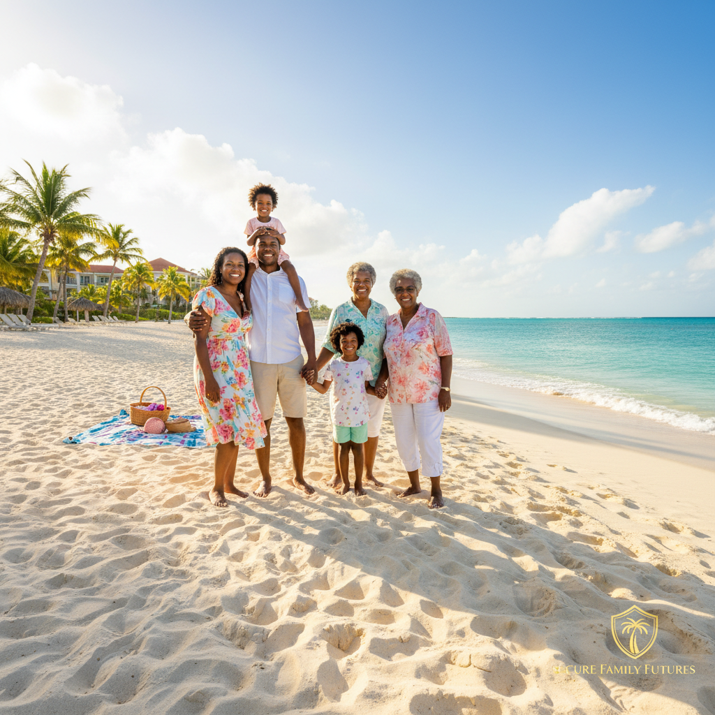 Caribbean family on beach in St. Maarten representing life insurance and financial security