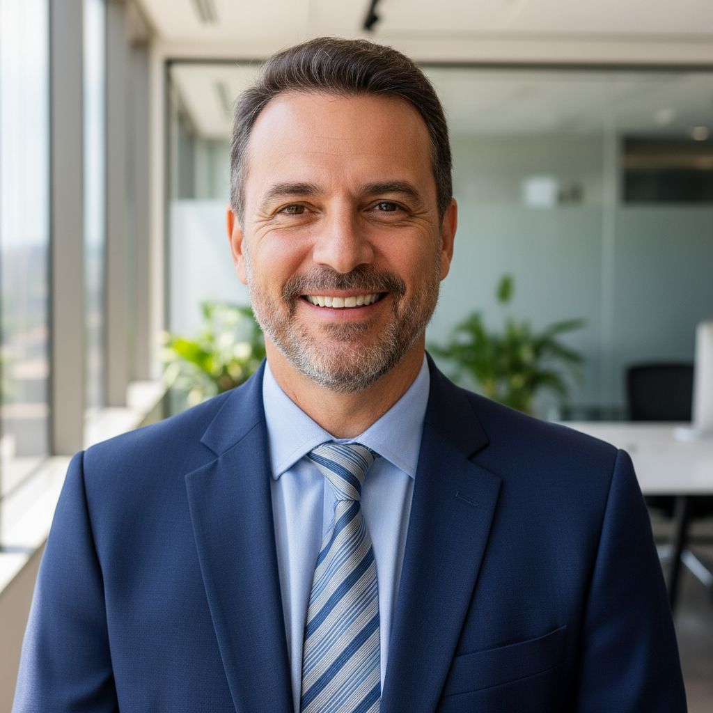 Brazilian man in his 30s, professional setting, glasses, thoughtful expression, corporate environment