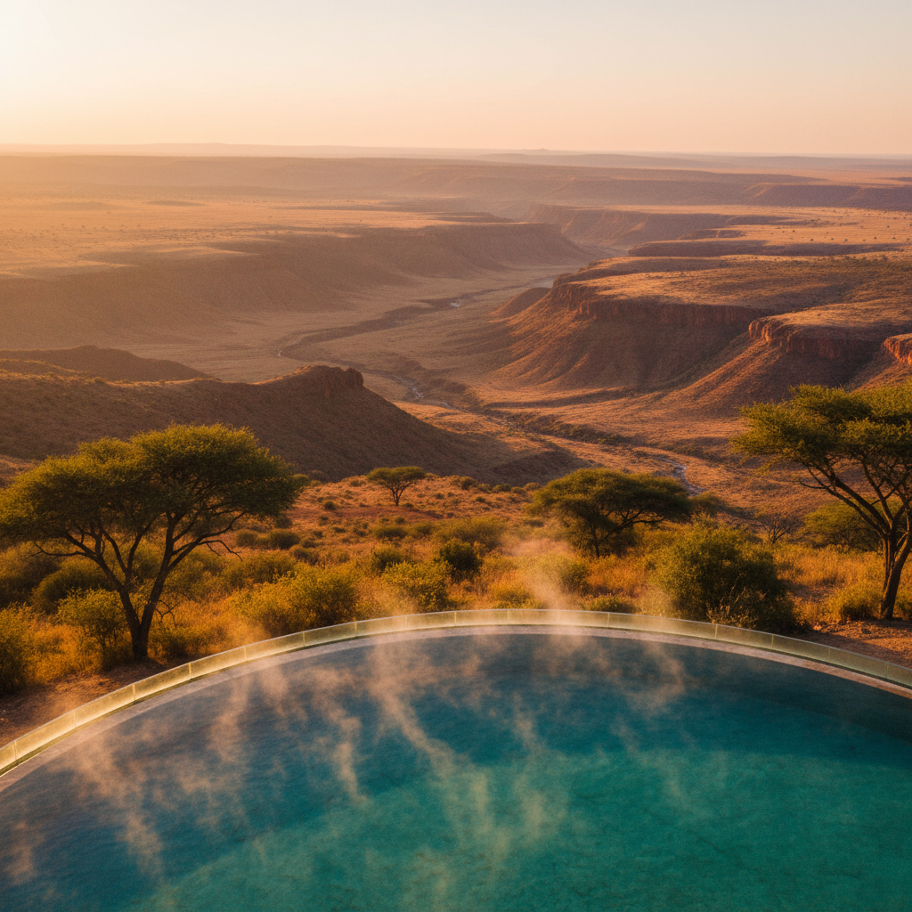 Lodge infinity-style swimming pool with sweeping panoramic views of the vast Namibian desert plains, warm afternoon sun casting long shadows