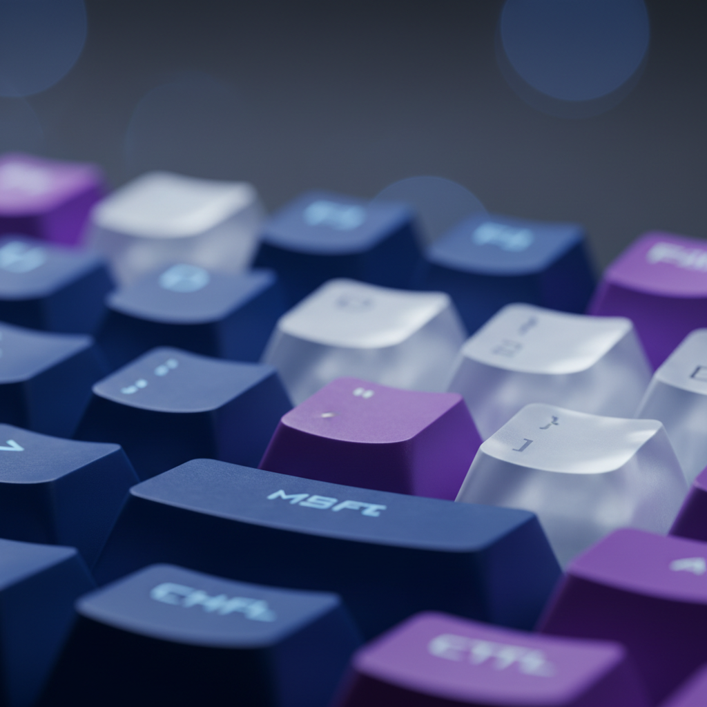 Close-up of mechanical keyboard keycaps, sharp detail, low-key studio lighting