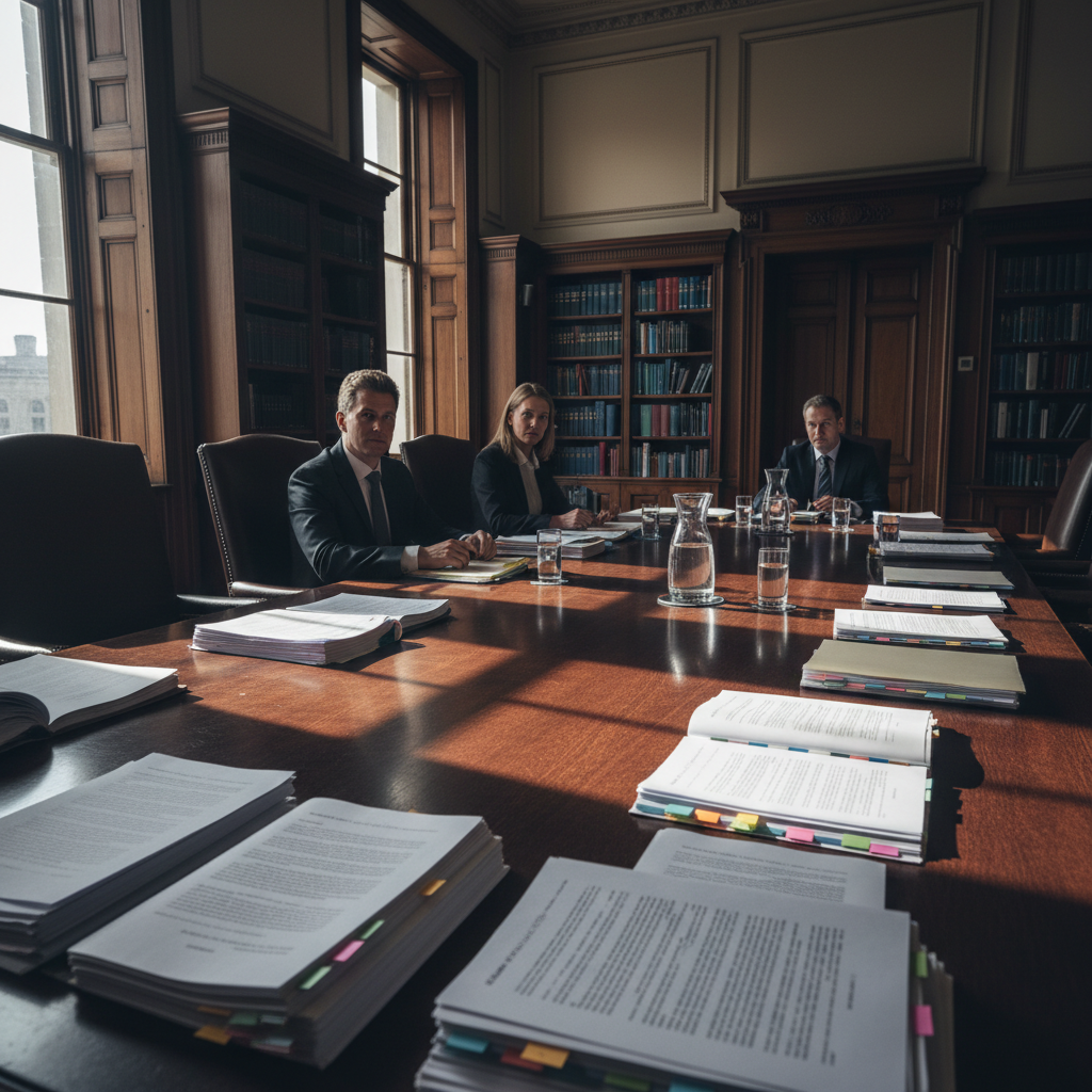 View from counsel's chair across a long arbitration table toward a tribunal panel, briefs fanned open, natural window light cutting across dark wood