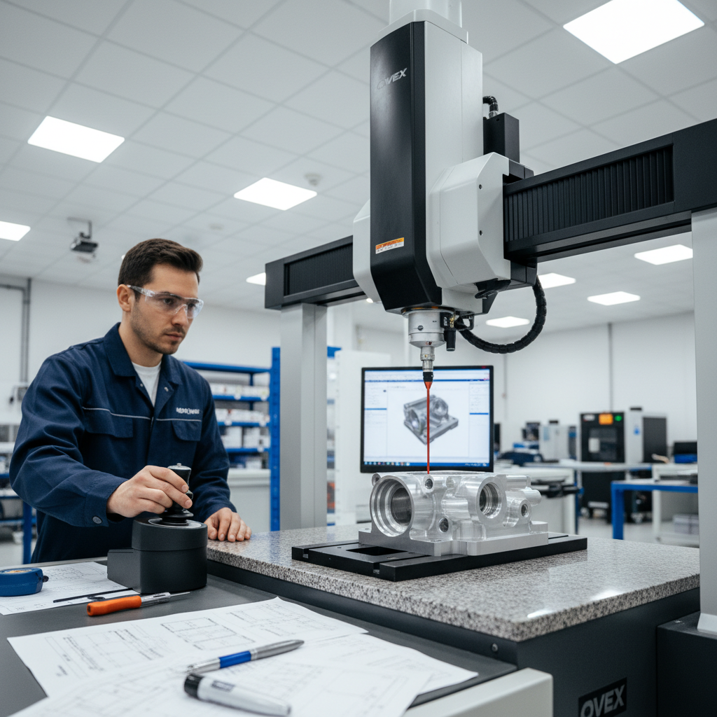 Quality control inspector examining manufactured metal component with precision measuring tools in modern facility
