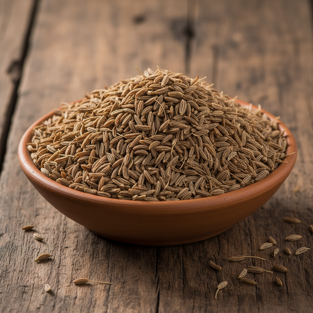 Warm brown fennel cumin ajwain digestive shot glass with dried spices scattered on rustic wooden board earthy tones