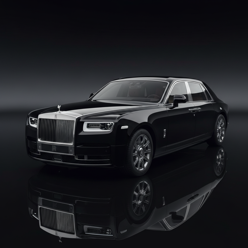 White Rolls Royce Phantom on open road, dramatic overcast sky, pinnacle British luxury sedan