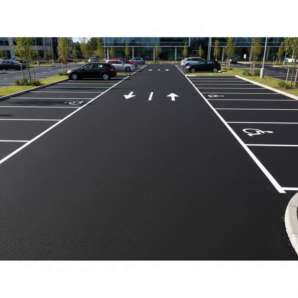 Commercial car park with freshly laid asphalt overlay and new white line markings in a Sydney strata complex
