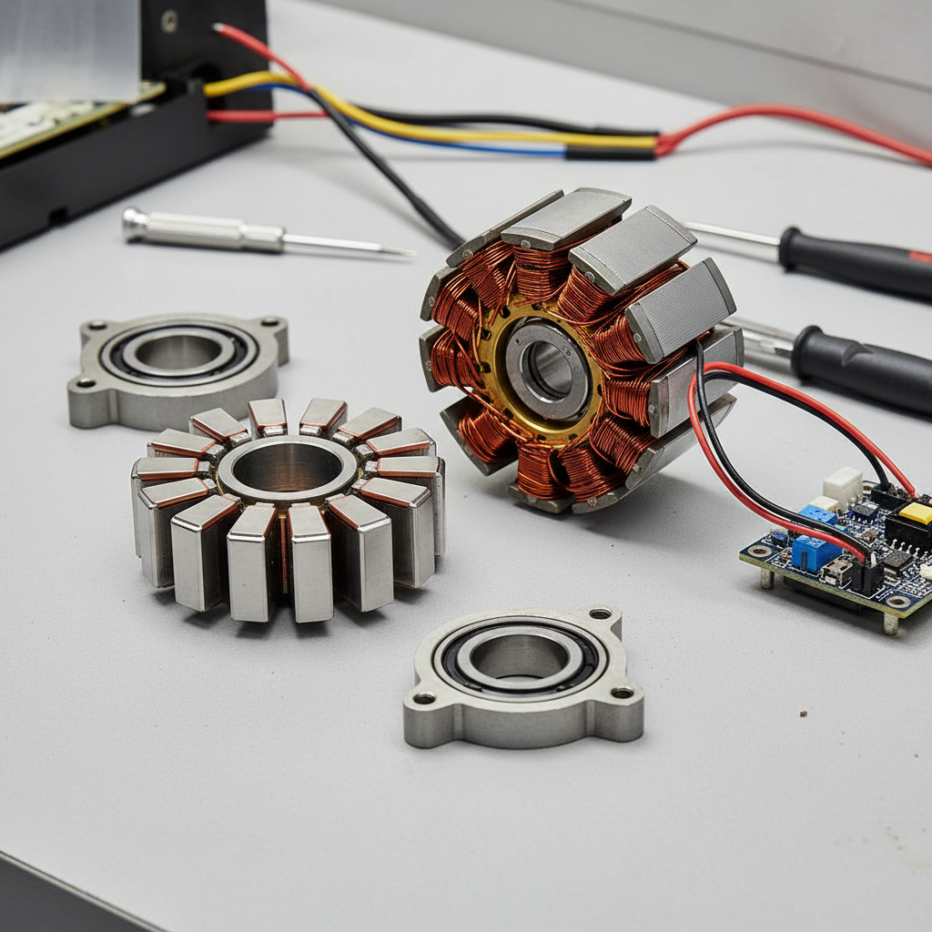 Brushless DC motor disassembled showing rotor and stator components