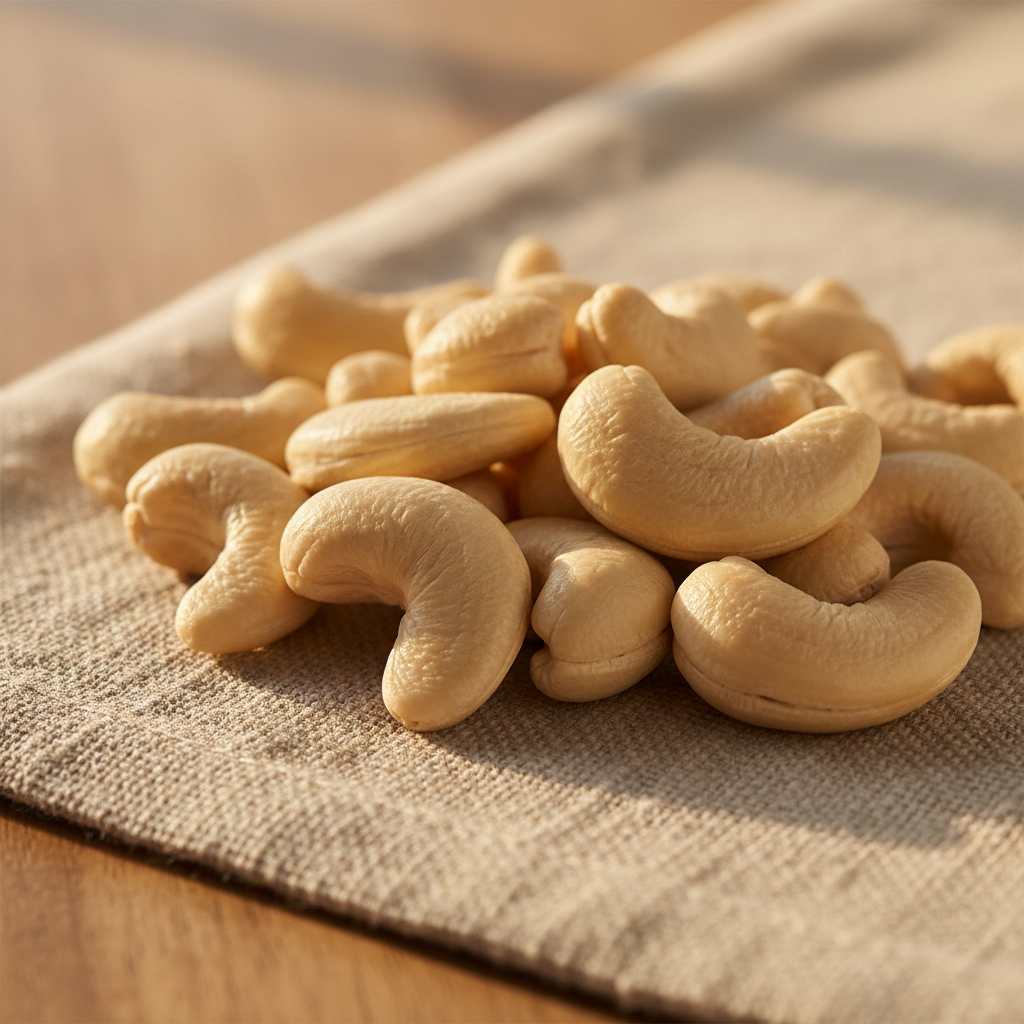Raw cashews in warm golden light on natural linen