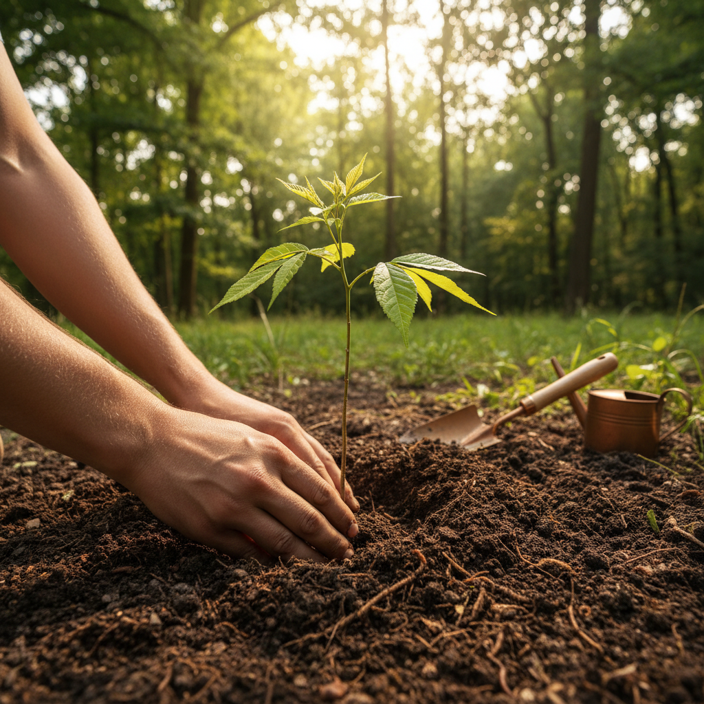 Hands planting a young sapling in rich soil, bright natural daylight, green vegetation in background