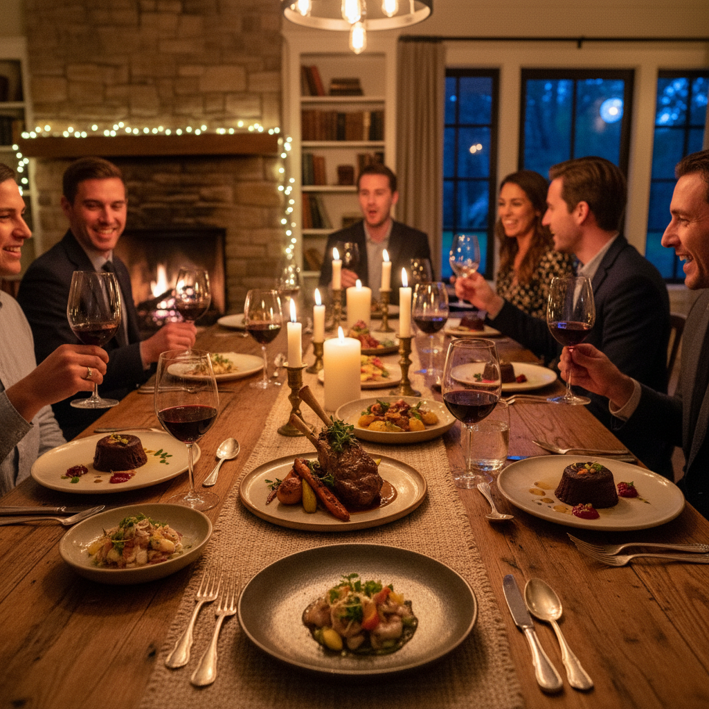 Intimate supper club dinner with guests around a beautifully set table in a private home
