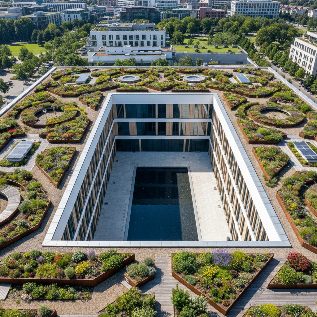 Aerial view of courtyard building with geometric rooftop garden