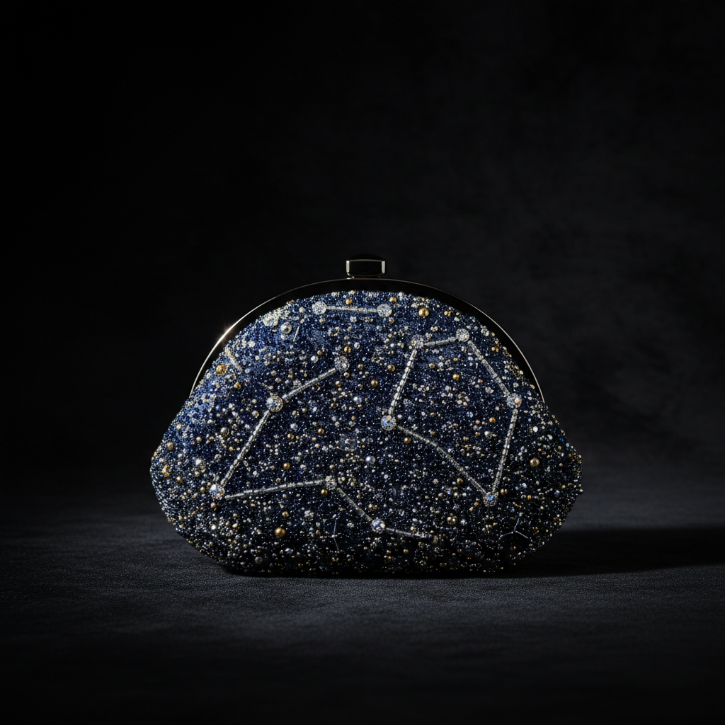 Celestial Seed Minaudière in midnight blue with constellation bead pattern, dramatic dark background