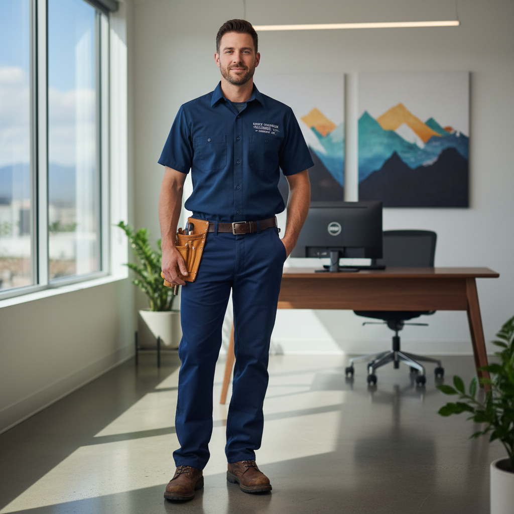Marcus Delgado, master plumber in navy work shirt, confident expression, Denver office background