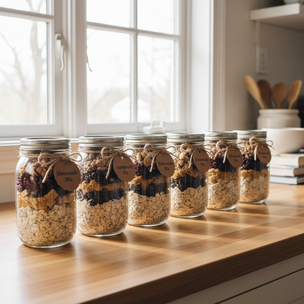 Row of mason jars filled with layered dry ingredients and tied with twine on a kitchen counter