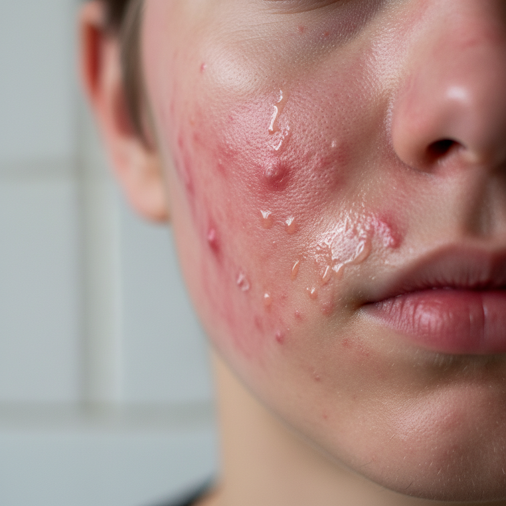 Teen skin with active breakouts and redness from over-the-counter product overuse at week one