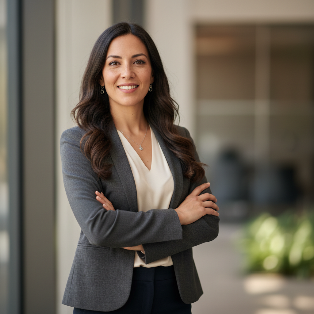 Young Latin American woman with dark hair, professional setting, bright background