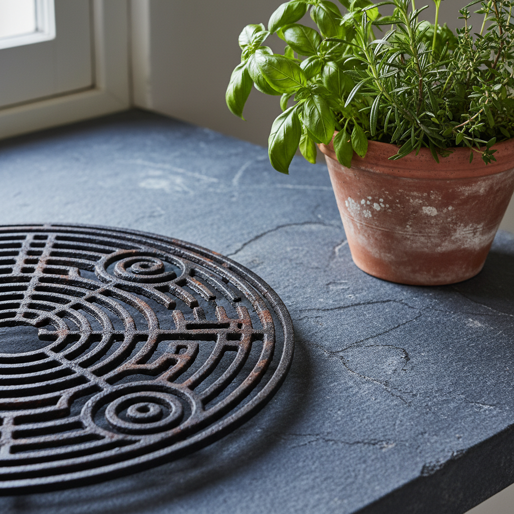 Close-up of weathered bluestone countertop with cast iron grill grate and fresh herbs in terracotta pot