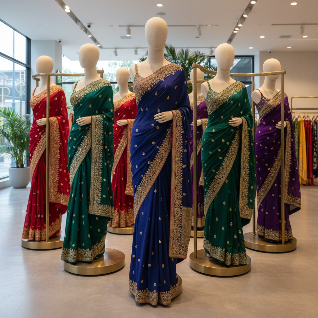 Beautiful collection of traditional Indian sarees displayed elegantly at Calcutta Collections showroom