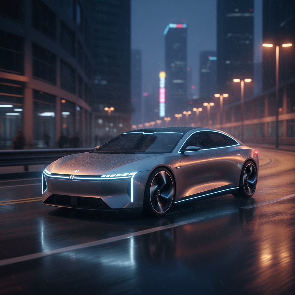 Modern electric vehicle on road at night with dark atmosphere showing automotive aluminum applications
