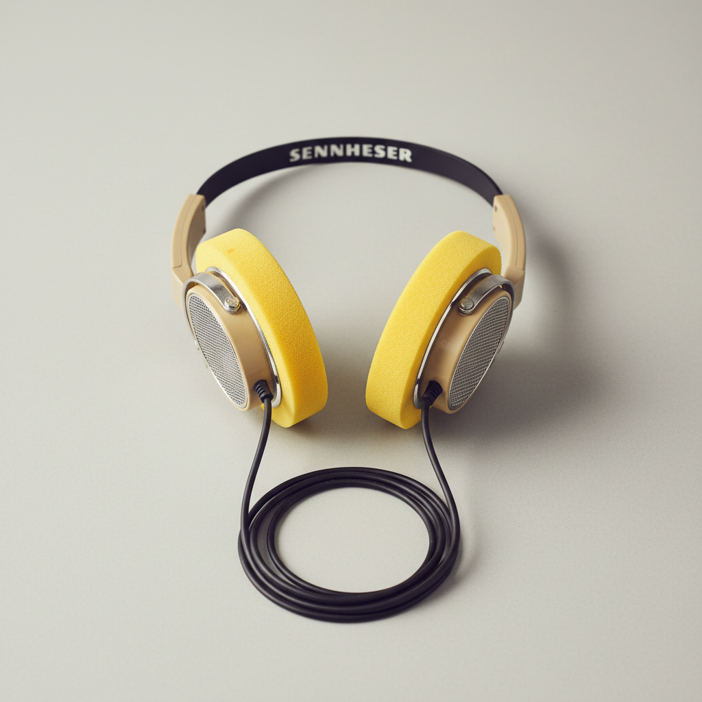 Vintage Sennheiser HD 414 open-back headphones with yellow foam pads