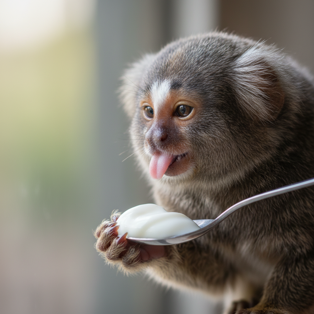 Tiny animal licking yogurt treat from miniature spoon