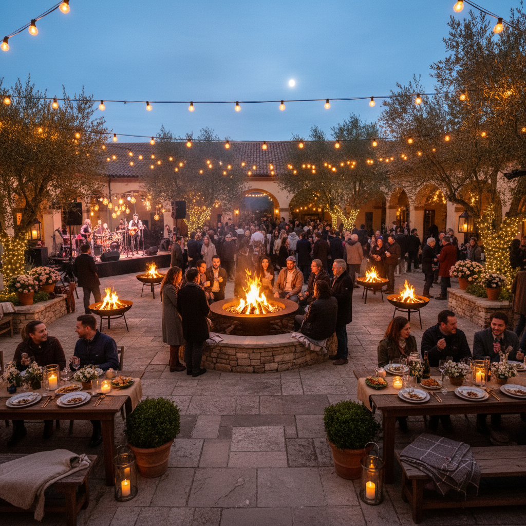 Outdoor courtyard celebration with string lights overhead and guests gathered around fire features