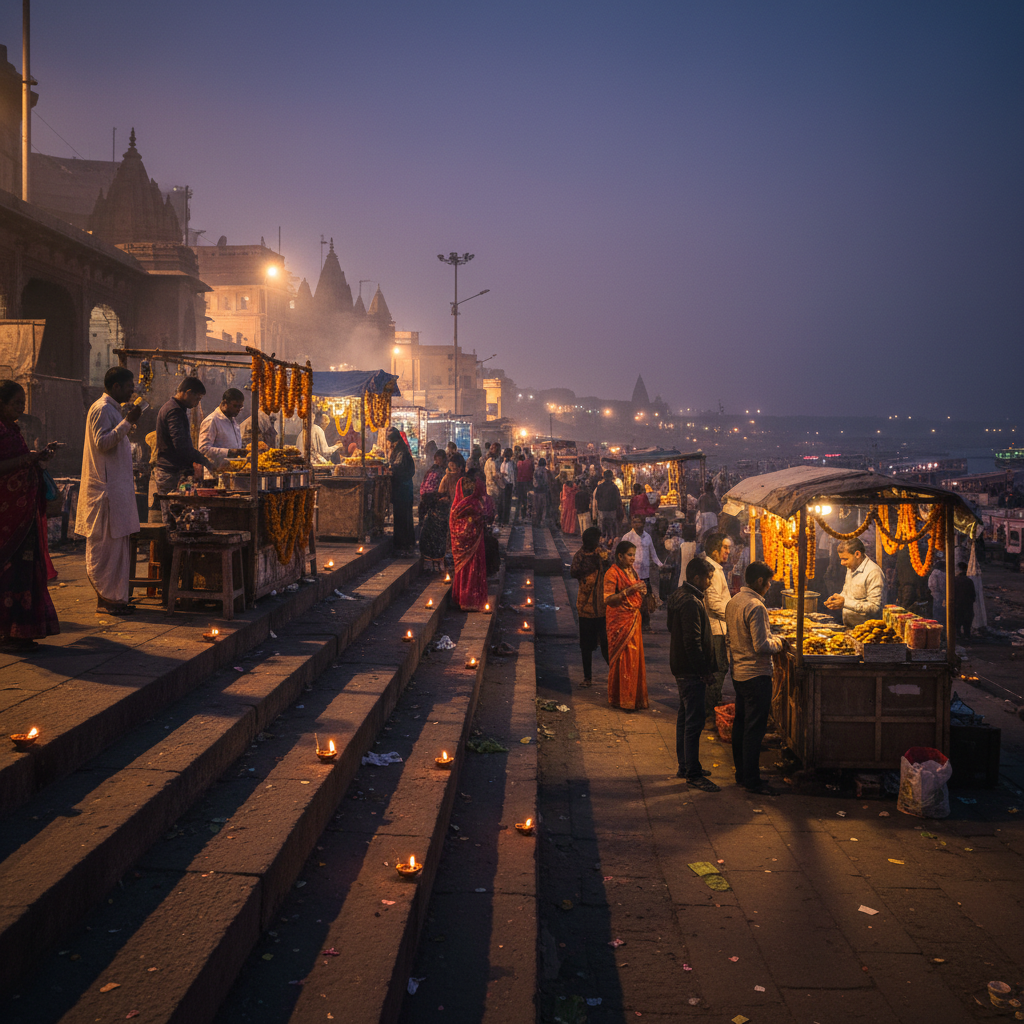 Banaras ghat street food vendors at dusk, orange oil lamps glowing, dark atmospheric evening scene, deep shadows on ancient stone steps