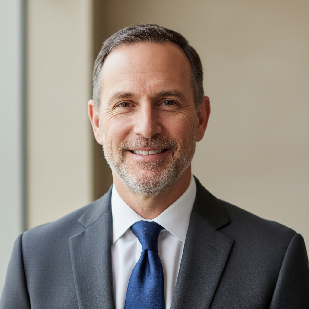 Professional male executive in business attire, confident headshot, neutral background
