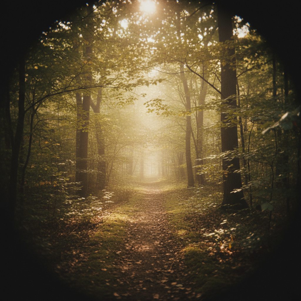 Dreamy sunlit forest path with soft vignette, captured on pinhole camera, slightly overexposed