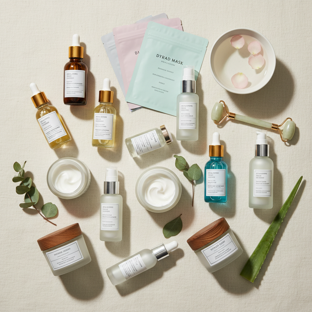 Skincare haul spread with serums toners and moisturizers in natural light