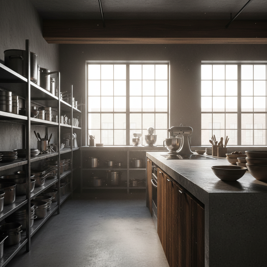 Kitchen appliances and home goods on dark steel surface with shadowed industrial lighting
