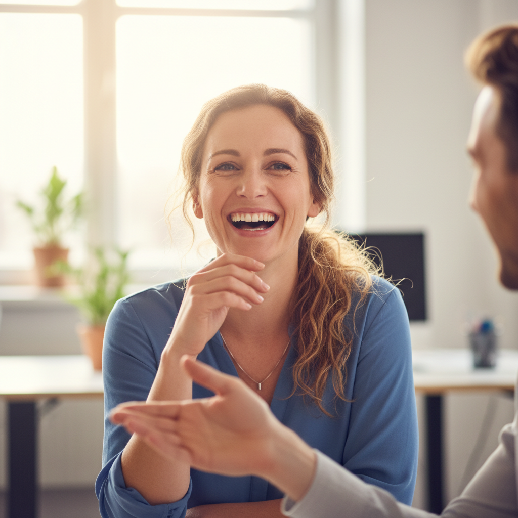Person laughing mid-conversation at work