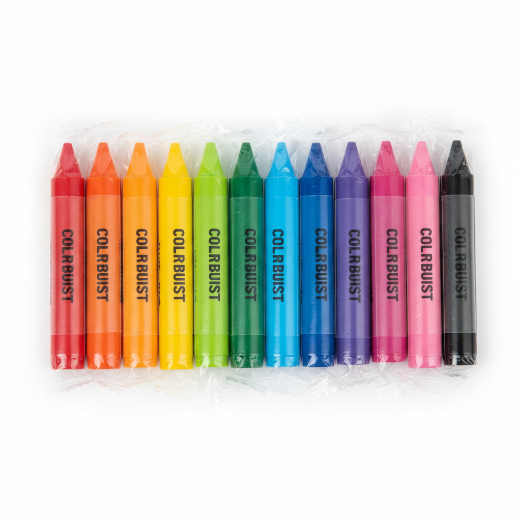 Clinical white background with row of conventional petroleum wax crayons in flat plastic wrapping
