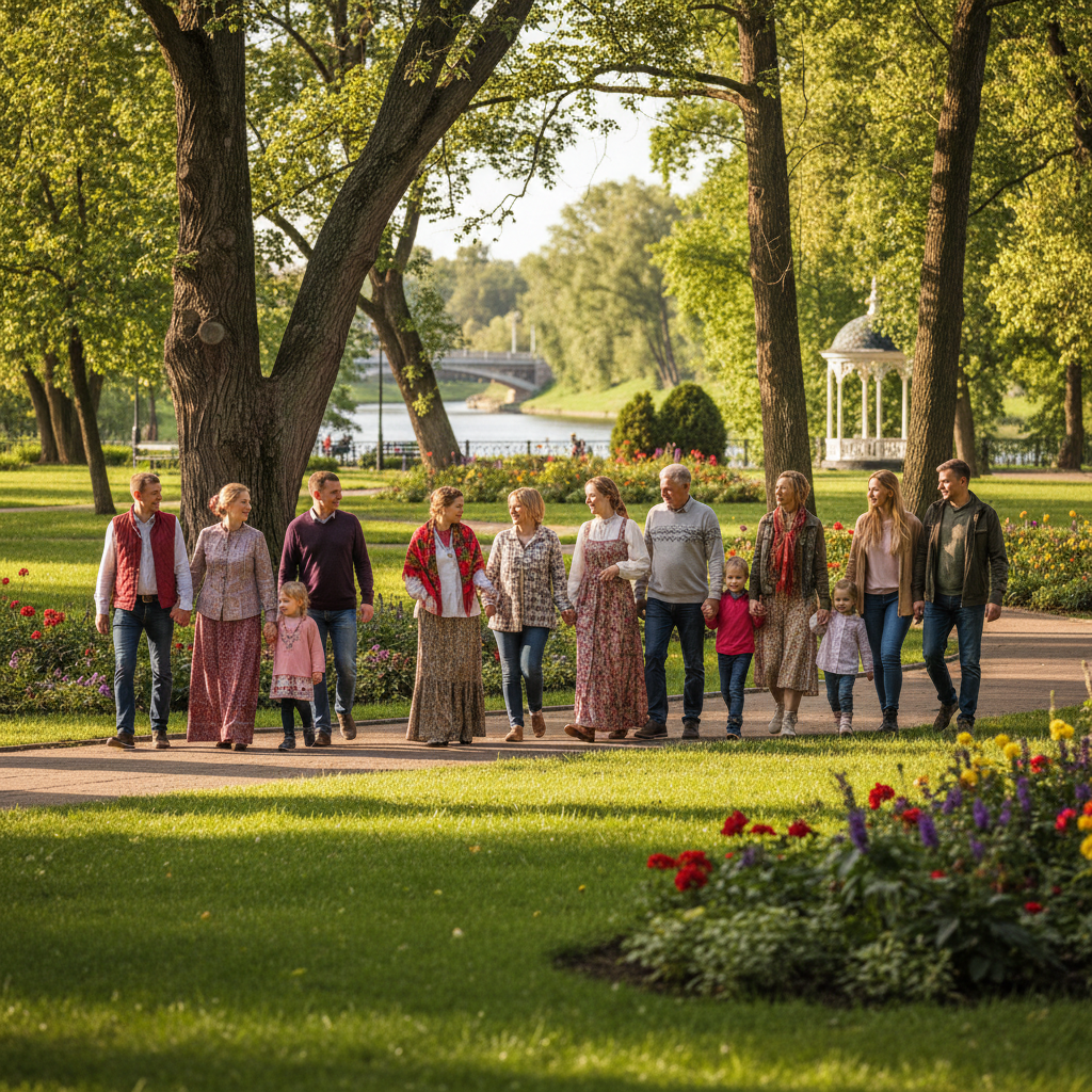 Family walking together through a sunlit park, children running ahead