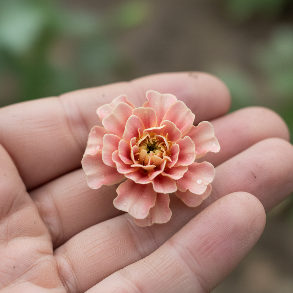 Marigold at 2 weeks, tiny and pink, nestled in breeder hand