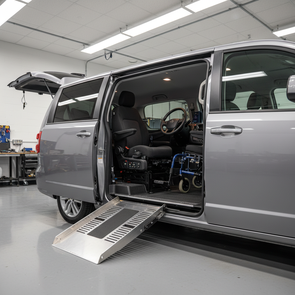 Professionally modified accessible vehicle in automotive workshop