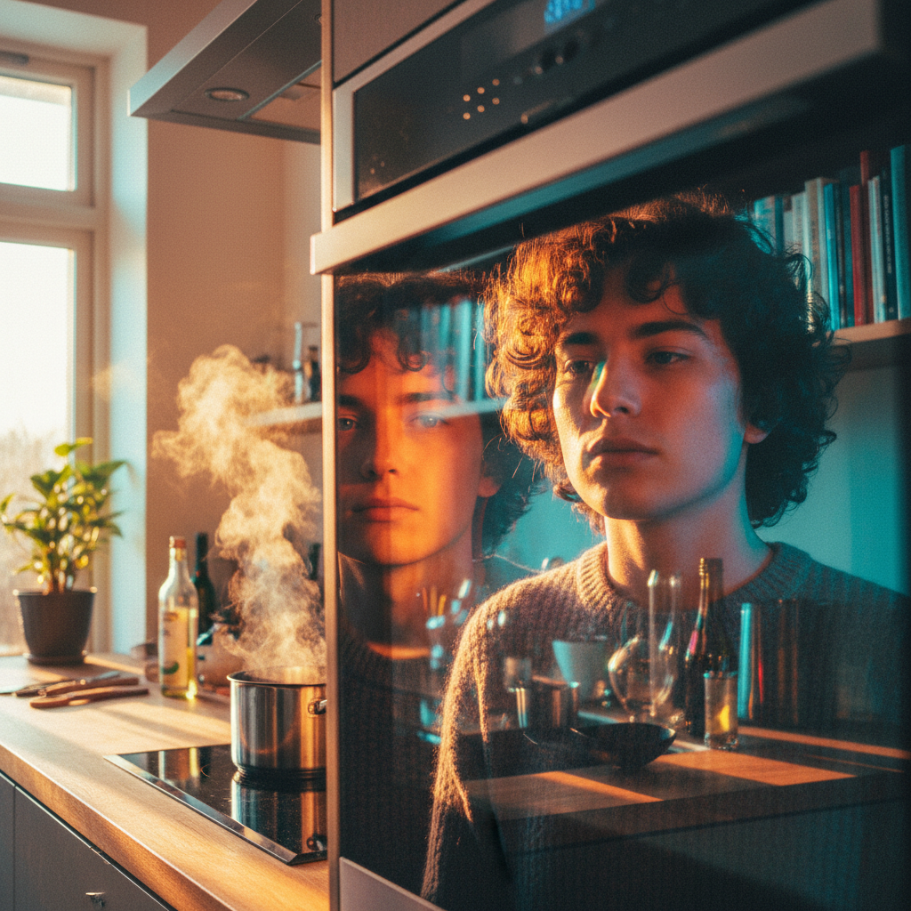 Color treatment result, client in kitchen catching reflection