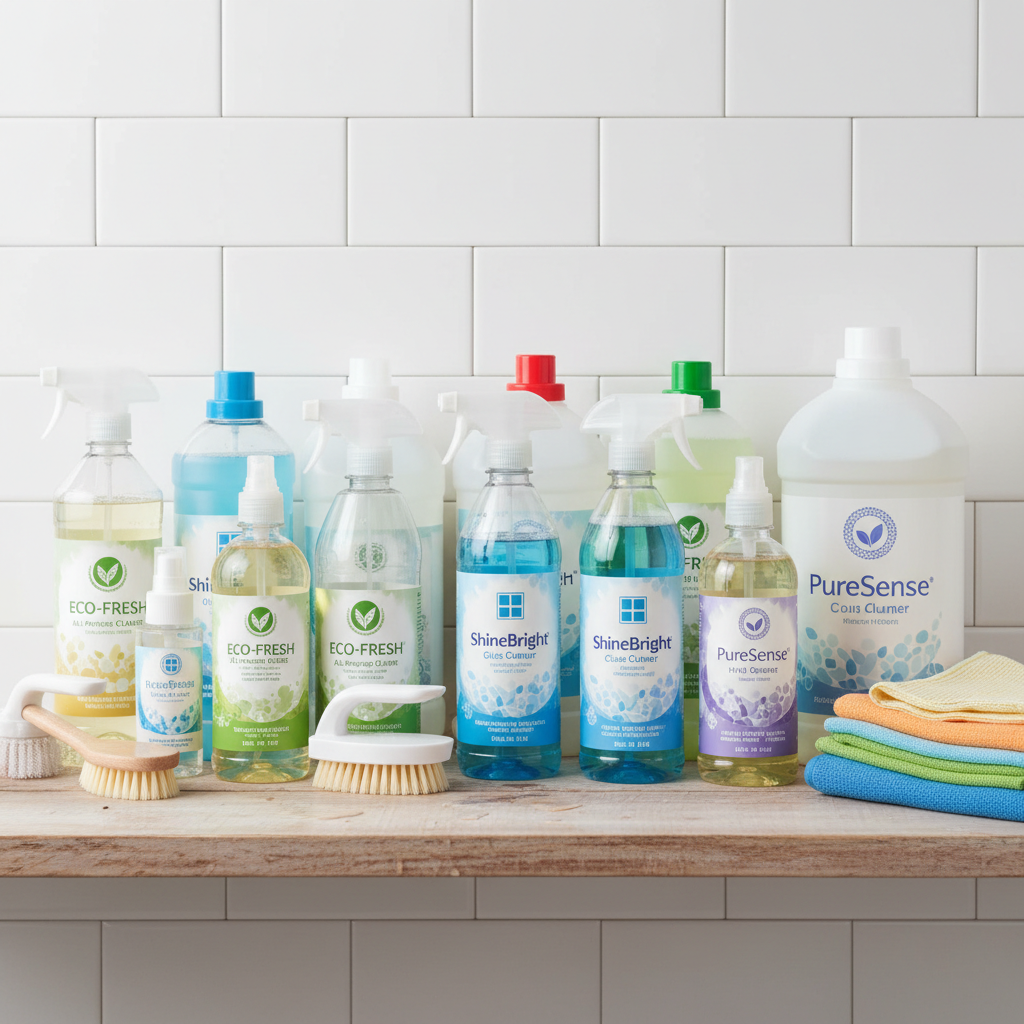 Produse de curățenie și detergenți colorați pe raft alb