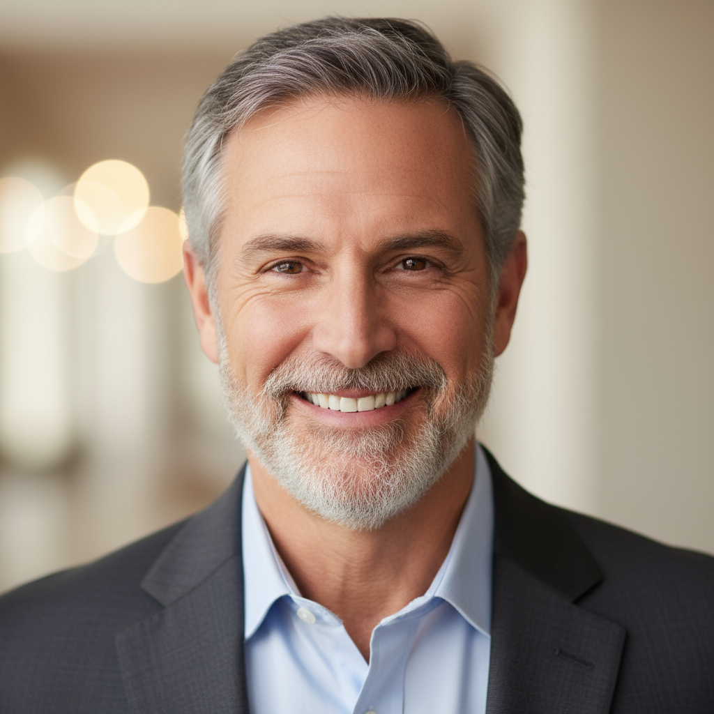 Professional headshot of middle-aged man with gray hair in navy blue suit smiling confidently