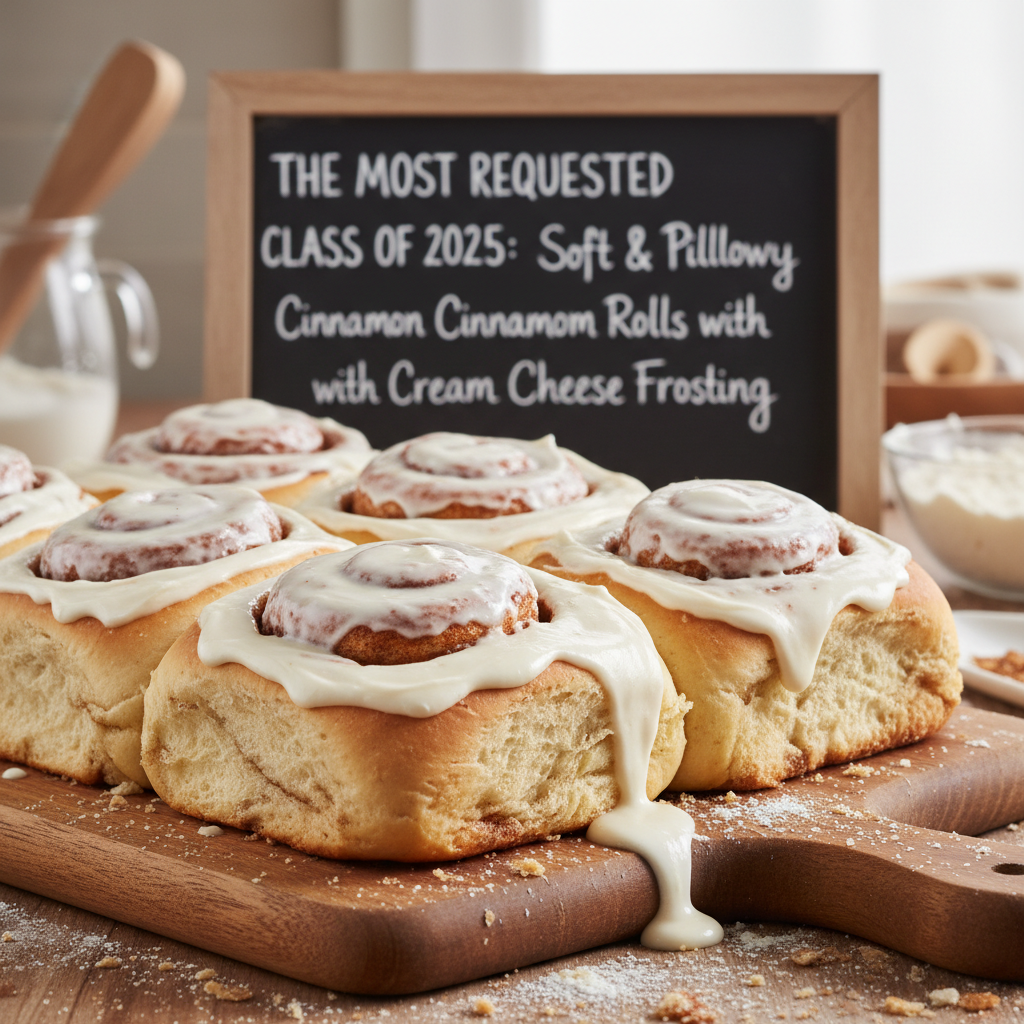 Freshly baked cinnamon roll pull-apart loaf with cream cheese glaze, rustic wooden table, warm bakery light
