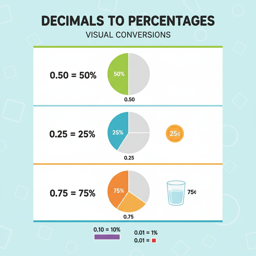 Visual representation of fractions and decimals with pie charts and number lines