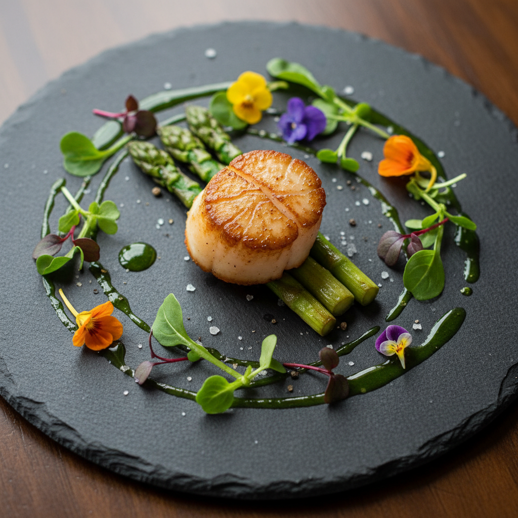 First course plated on dark slate with microgreens and edible flowers against exposed brick background