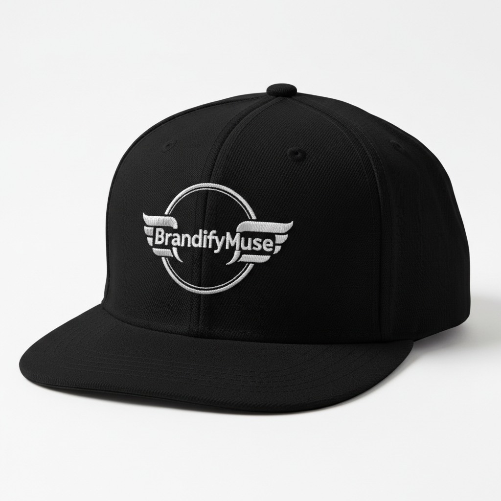 Black snapback cap with embroidered branding, clean product shot on minimal background