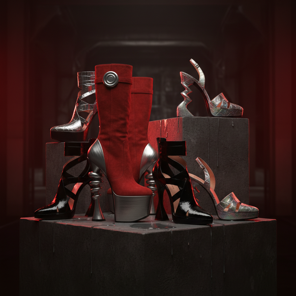 Row of beautiful women's shoes on display, warm studio lighting, dark moody atmosphere, deep shadows