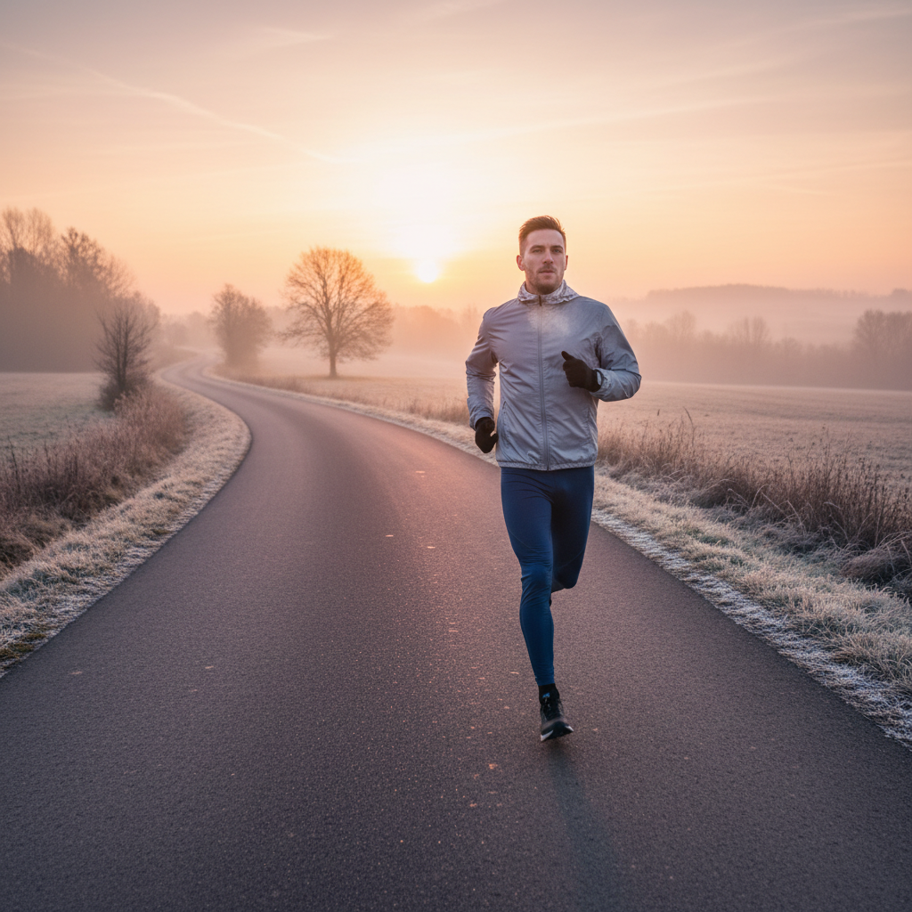 Runner at dawn on an empty road, breath visible in cold morning air