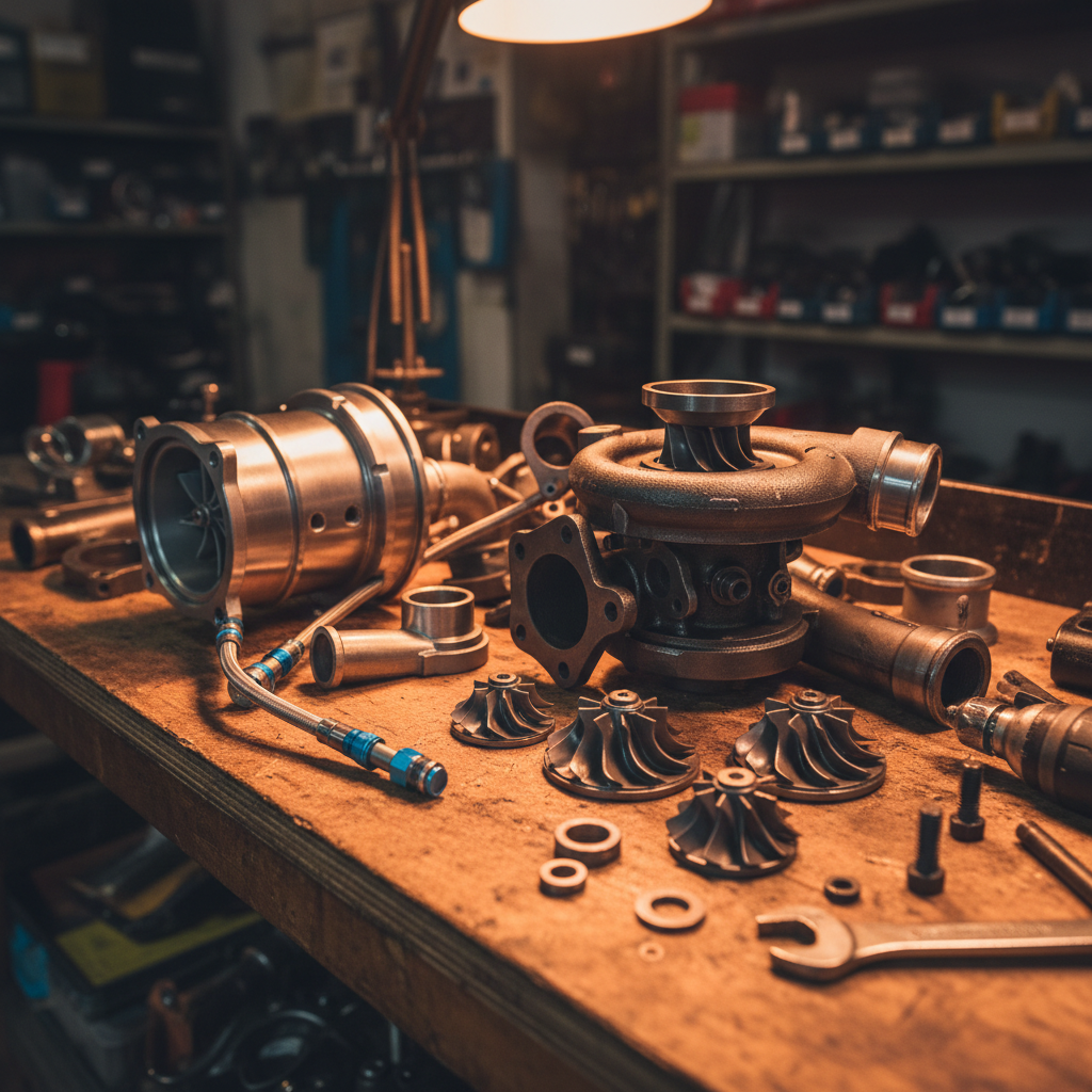 Spark plugs and ignition coils laid out on dark metal workbench with dramatic lighting